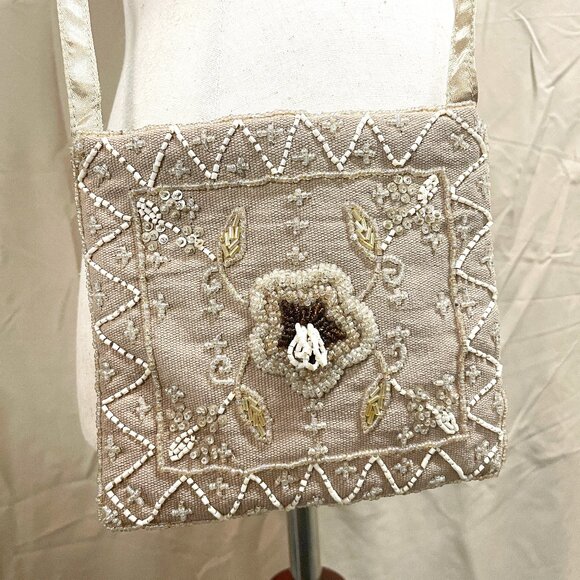 Cottage Core Tan Small Beaded Cloth Bag Boho Chic EuroSummer - Picture 1 of 8